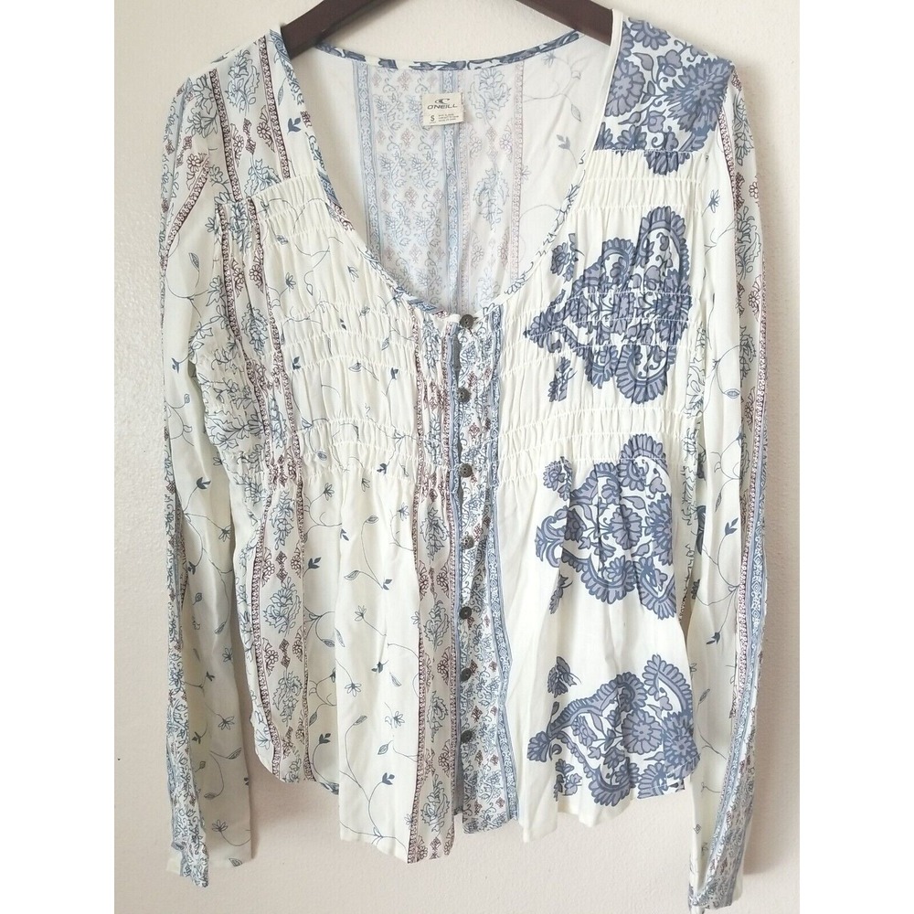 ONEILL Women's Long Sleeve Ivory Floral Print Scoop Neck Long Flare Sleeve Tunic